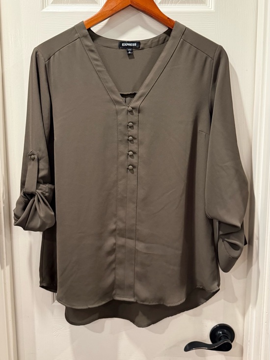 Express Tops - Express Olive Button-Front V-Neck Blouse with set buttons.
